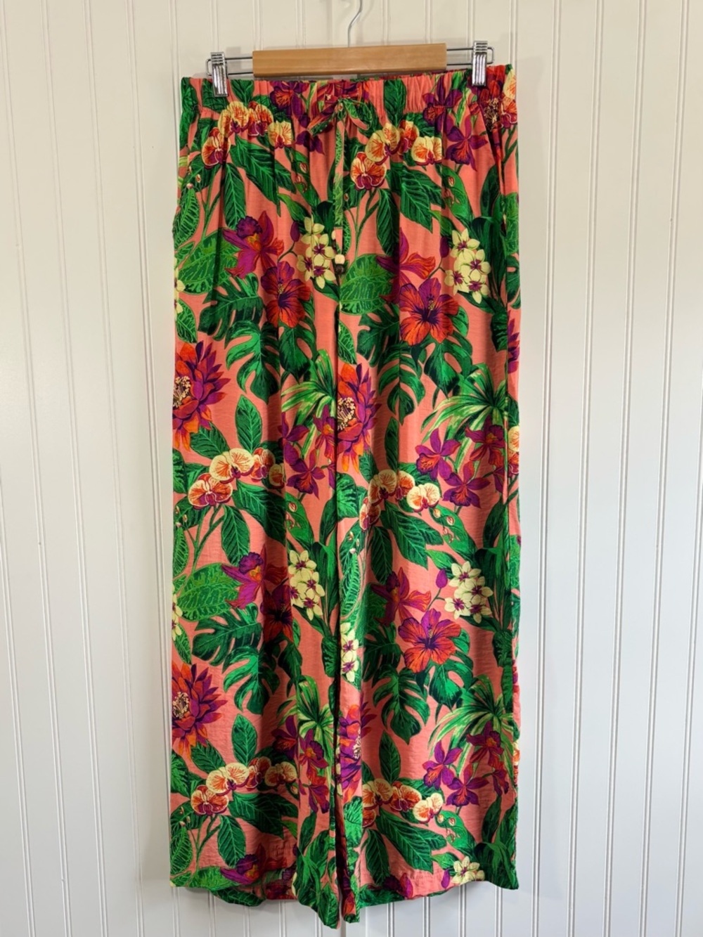 Panama Jack Tropical Floral Wide Leg Pants Coral Pink Women’s L Beach Vacation